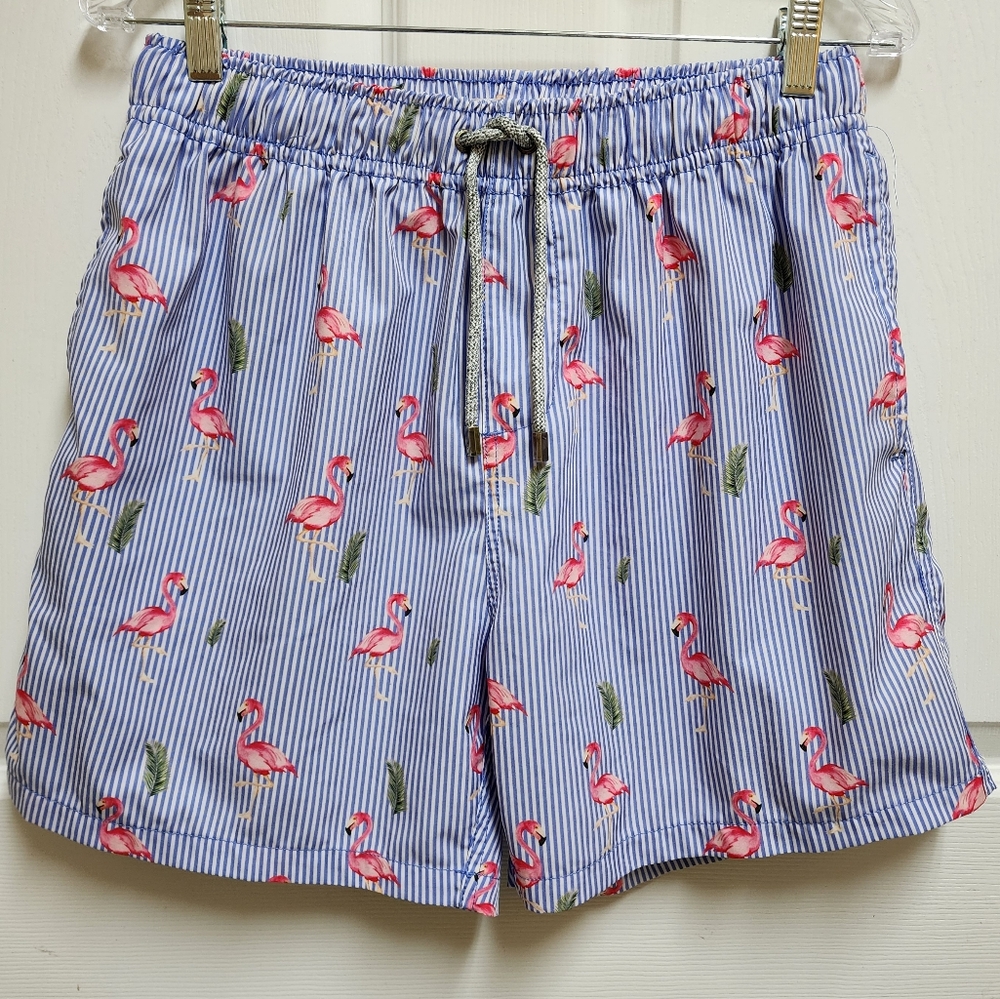 Swim Trunks Men L Blue White Striped Pink Flamingo Beach Vacation Resort Novelty